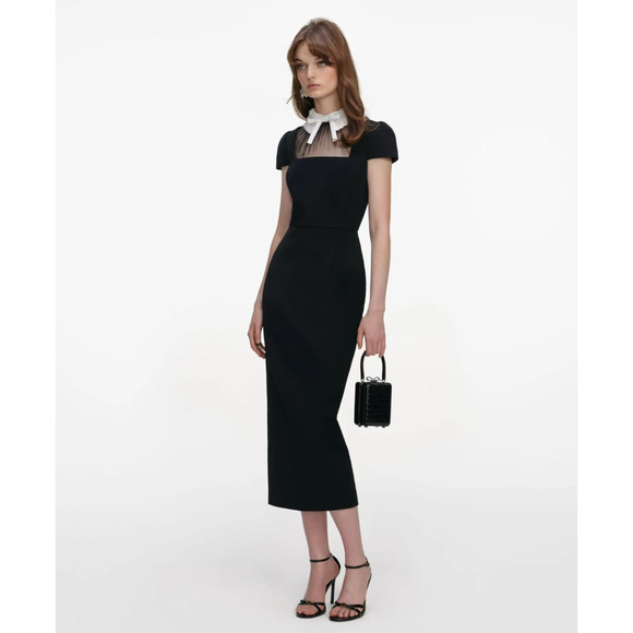 Self-Portrait Black Crepe Bow Collar Midi Dress US 4 - Picture 2 of 11